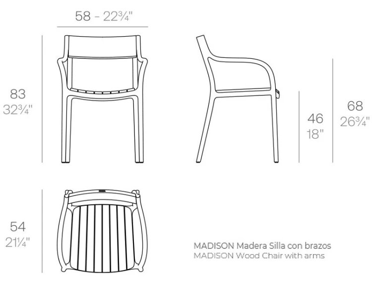 Rysunek techniczny: Krzesło Madison Wood Vondom 65060, wymiary 58 x 54 x 83 cm