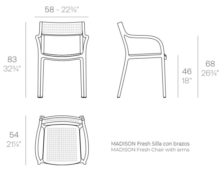 Rysunek techniczny krzesła Vondom Madison Dots 65062, 58 x 54 x 83 cm