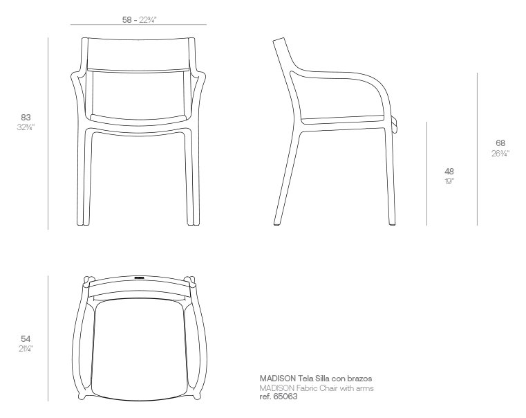 Rysunek techniczny: Krzesło Madison Upholstered Vondom 65063, wymiary 58 x 54 x 83 cm