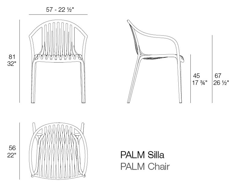 Rysunek techniczny krzesła Vondom Palm 65100, 57 x 56 x 81 cm