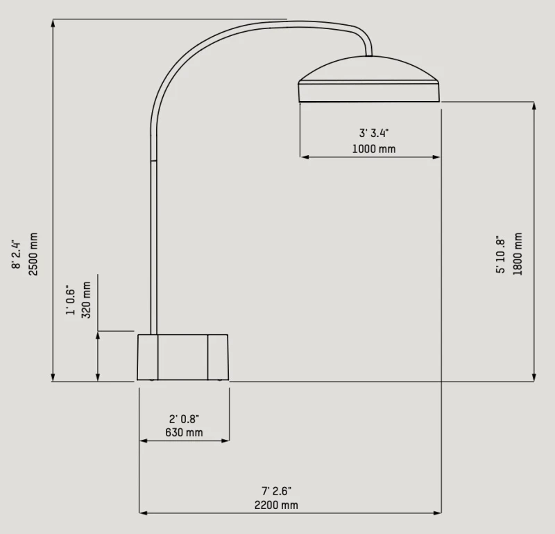 Rysunek techniczny lampy grzewczej Heatsail Disc FS z wymiarami