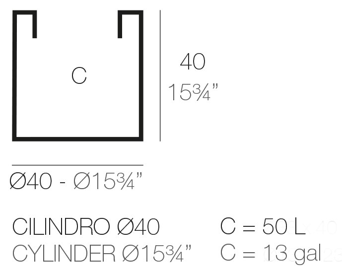 Rysunek techniczny donicy Vondom Cilindro ø40x40 cm, pojemność 50 l