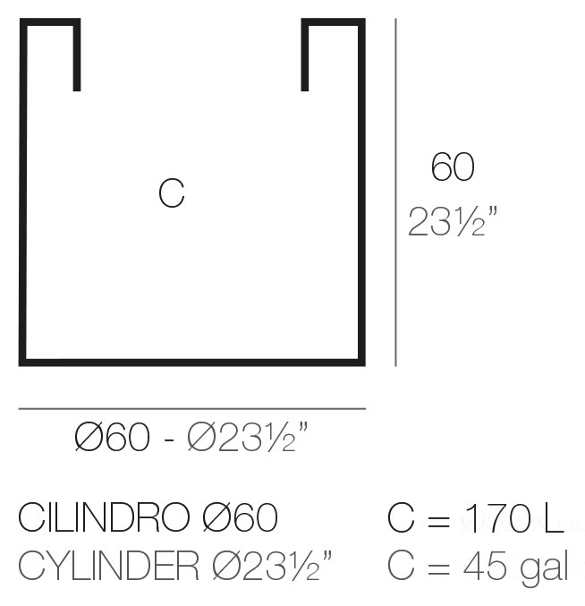 Rysunek techniczny donicy Vondom Cilindro ø60x60 cm, pojemność 170 l