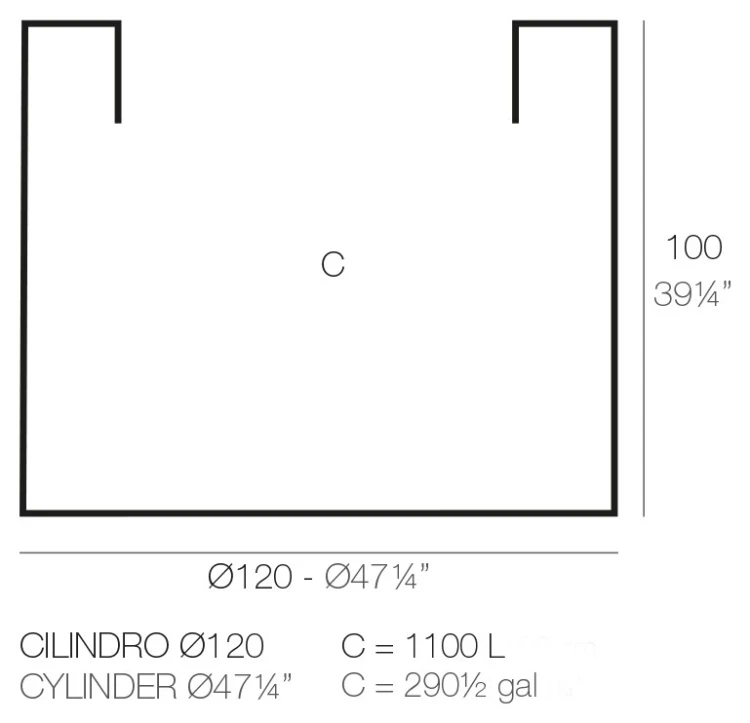 Rysunek techniczny donicy Vondom Cilindro ø120x100 cm, pojemność 1100 l