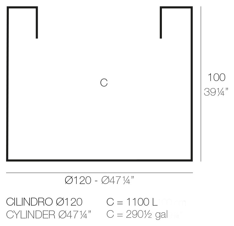 Rysunek techniczny donicy Vondom Cilindro ø120x100 cm, pojemność 1100 l