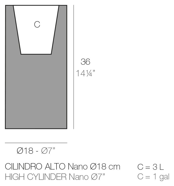 Rysunek techniczny donicy Vondom Cilindro ø18x36 cm, pojemność 3 l
