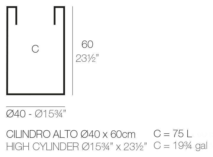 Rysunek techniczny donicy Vondom Cilindro ø40x60 cm, pojemność 75 l