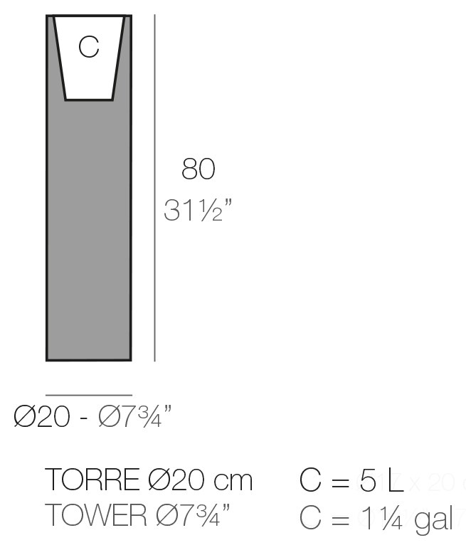 Rysunek techniczny donicy Vondom Torre ø20x80 cm, pojemność 5 l