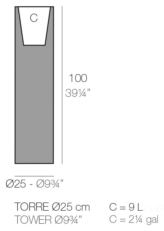 Rysunek techniczny donicy Vondom Torre ø25x100 cm, pojemność 9 l
