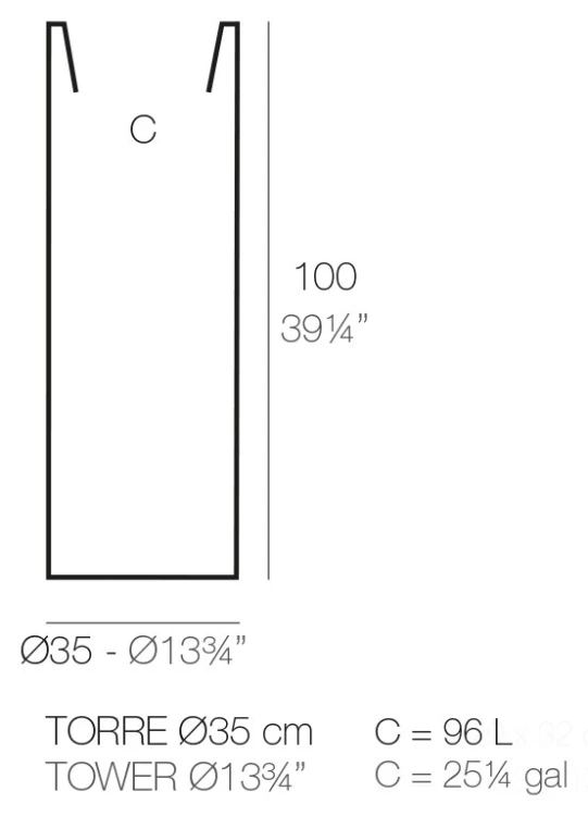 Rysunek techniczny donicy Vondom Torre ø35x100 cm, pojemność 96 l
