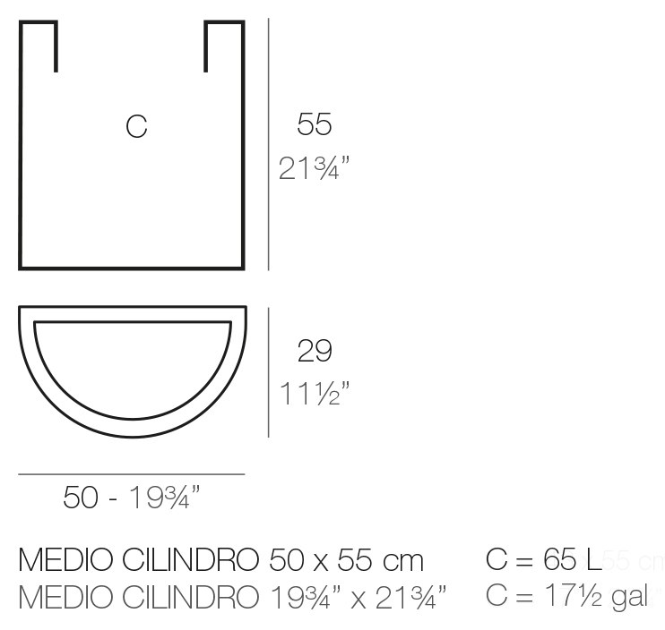 Rysunek techniczny donicy Vondom Medio Cilindro 50x29x55 cm, pojemność 65 l