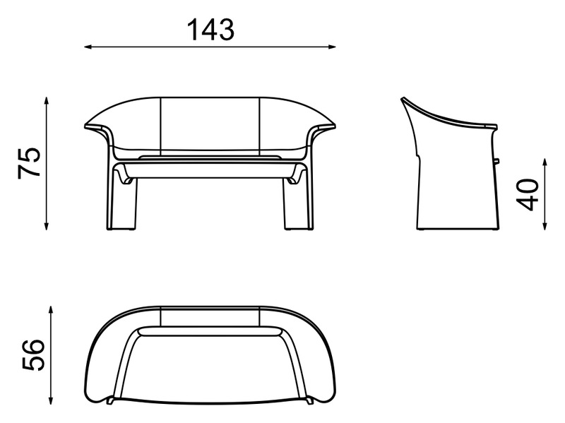 Rysunek techniczny sofy LOOPE ARMSTRONG AR2020, 143 x 56 x 75 cm