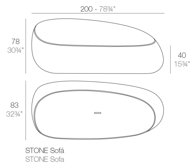 Rysunek techniczny sofy Vondom Stone 55005, 200 x 83 x 78 cm
