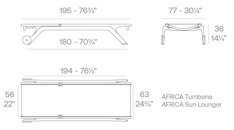 Rysunek techniczny leżaka Vondom Africa 65048, 195 x 63 x 36 cm