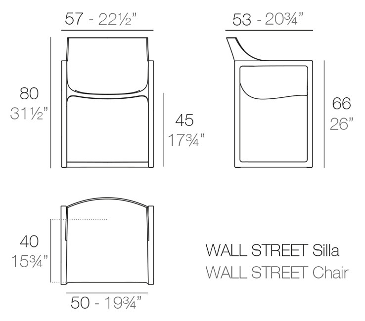 Rysunek techniczny krzesła Vondom Wall Street 65006, 57 x 53 x 80 cm