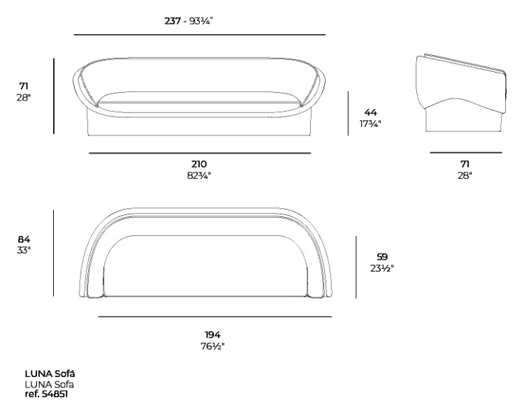 Rysunek techniczny sofy Vondom Luna 54851, 237 x 84 x 71 cm
