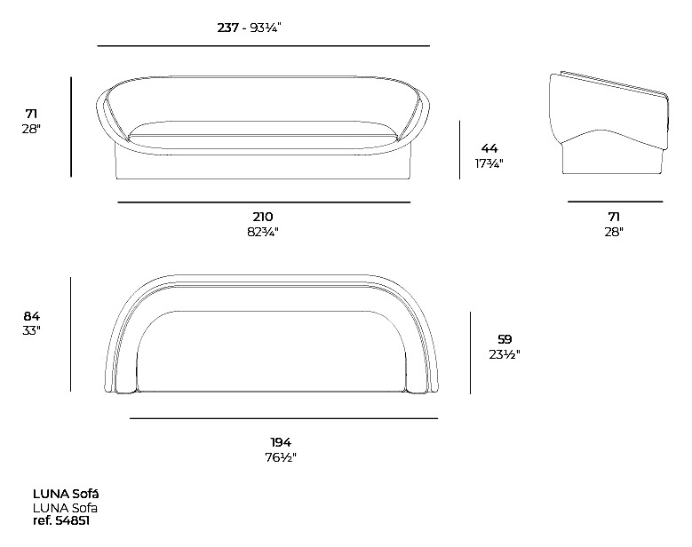 Rysunek techniczny sofy Vondom Luna 54851, 237 x 84 x 71 cm