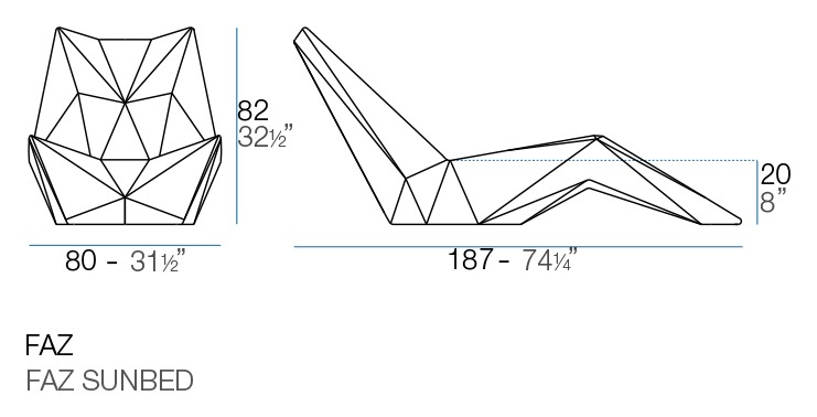 Rysunek techniczny leżaka Vondom Faz 54413, 187 x 80 x 82 cm
