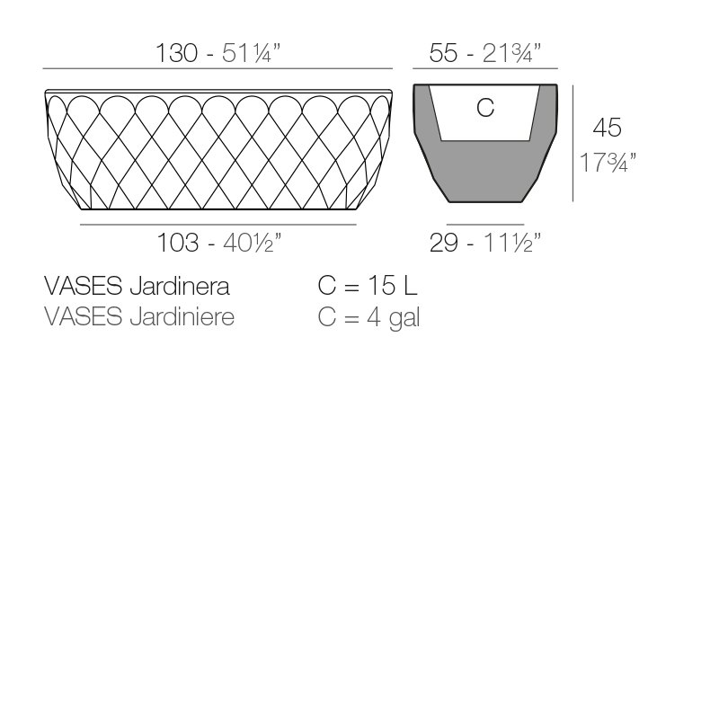 Rysunek techniczny podłużnej donicy Vases Vondom 130x55x45 cm (ref. 47130)
