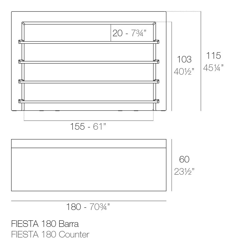 Rysunek techniczny prostego baru Fiesta Vondom 180x60x115 cm (ref. 56001)