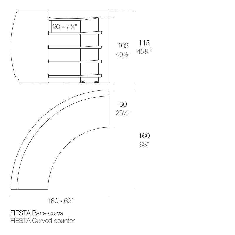 Rysunek techniczny zaokrąglonego baru Fiesta Vondom 160x160x115 cm (ref. 56002)
