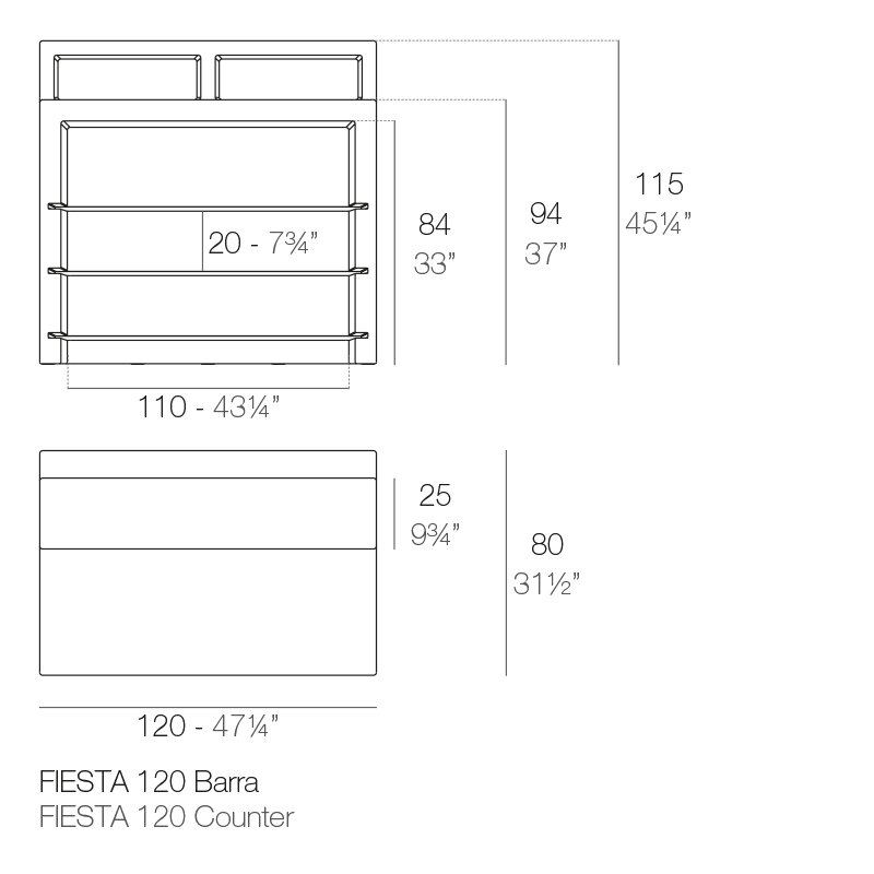 Rysunek techniczny baru Fiesta Vondom 120x80x115 cm z ladą (ref. 56023)