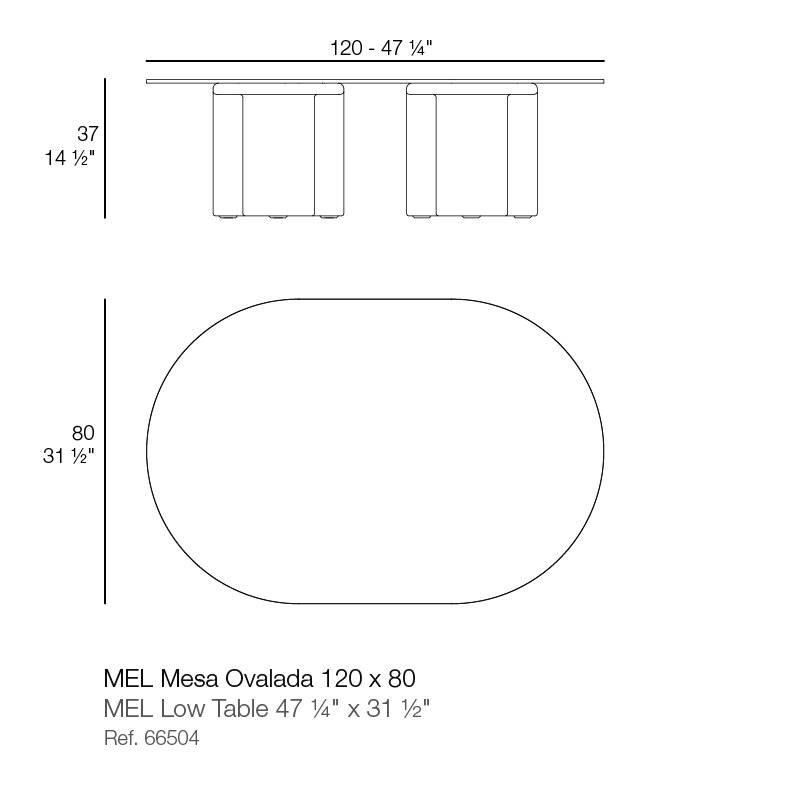 Rysunek techniczny: stolik kawowy Mel Vondom 120 x 80 x 37 cm, ref. 66504